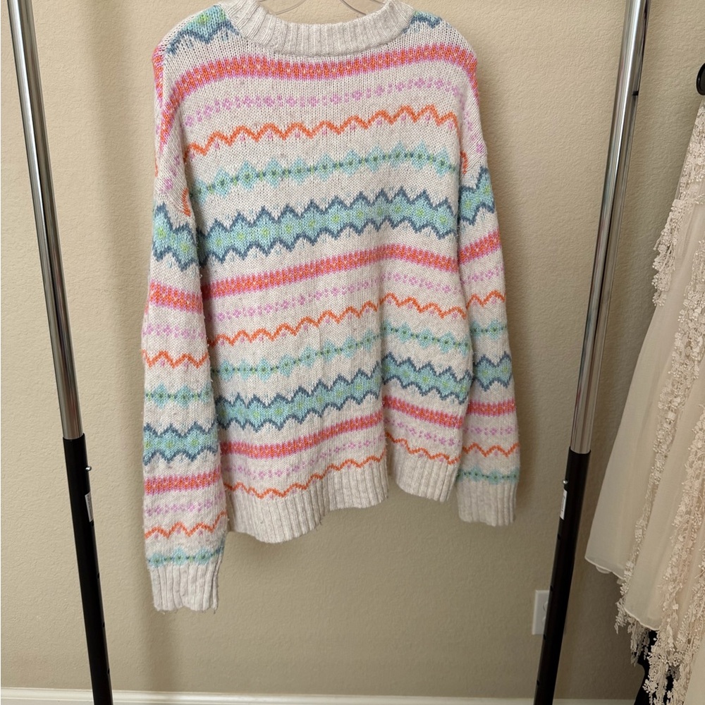 American Eagle Whoa So Soft Crewneck Sweater White & Multicolor Chevron-Stripes